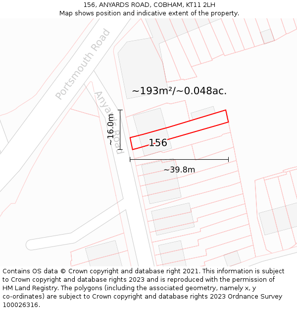 156, ANYARDS ROAD, COBHAM, KT11 2LH: Plot and title map