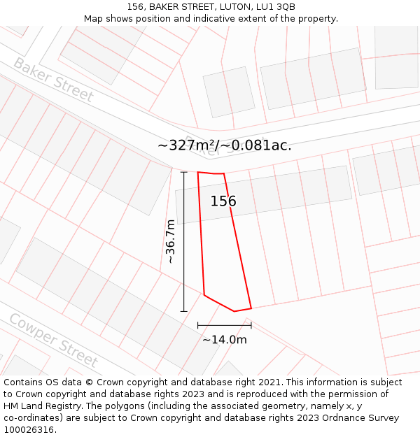 156, BAKER STREET, LUTON, LU1 3QB: Plot and title map