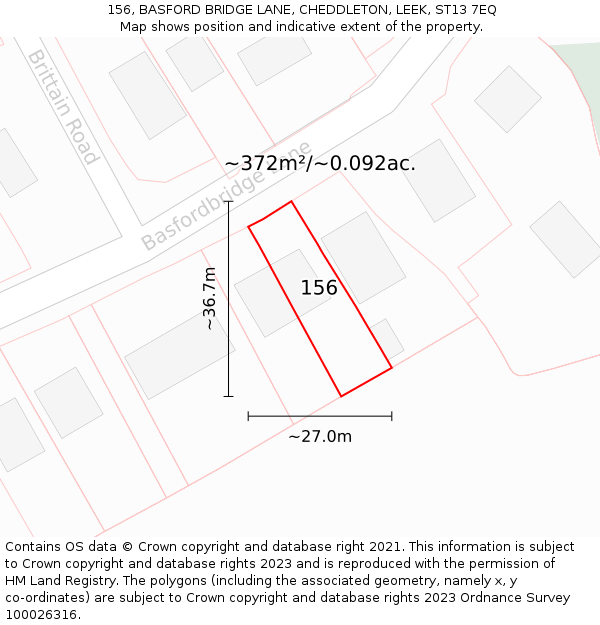 156, BASFORD BRIDGE LANE, CHEDDLETON, LEEK, ST13 7EQ: Plot and title map