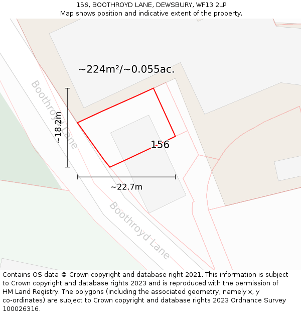 156, BOOTHROYD LANE, DEWSBURY, WF13 2LP: Plot and title map