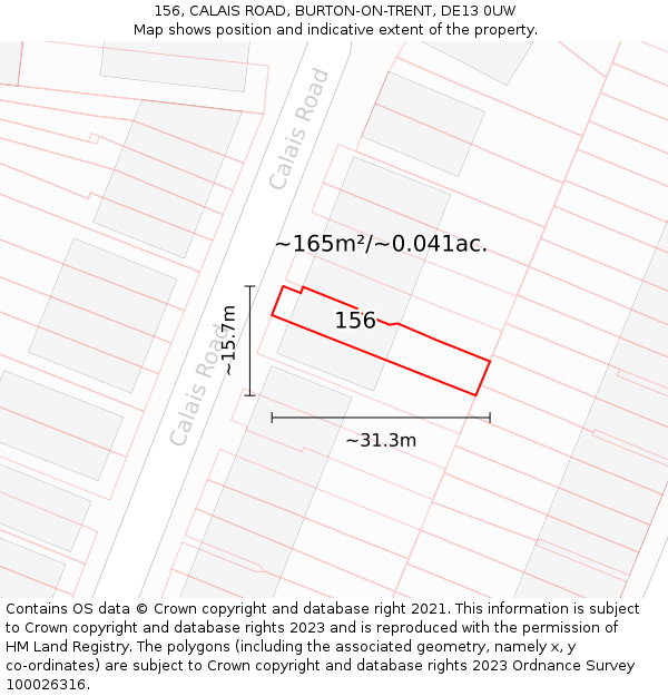 156, CALAIS ROAD, BURTON-ON-TRENT, DE13 0UW: Plot and title map