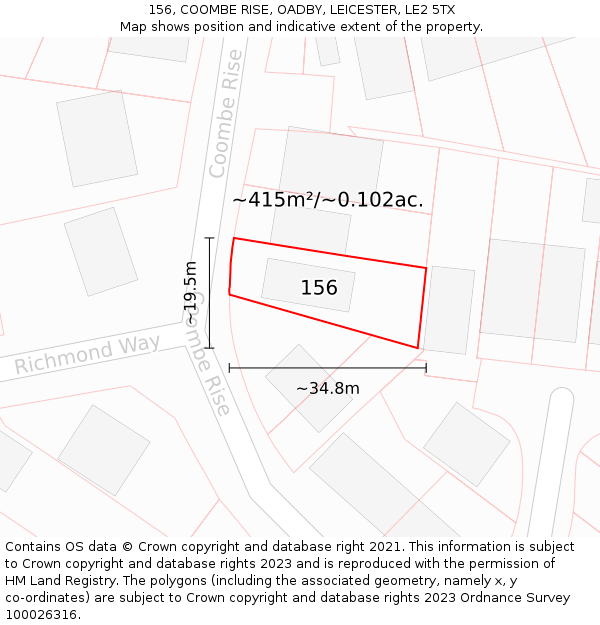 156, COOMBE RISE, OADBY, LEICESTER, LE2 5TX: Plot and title map