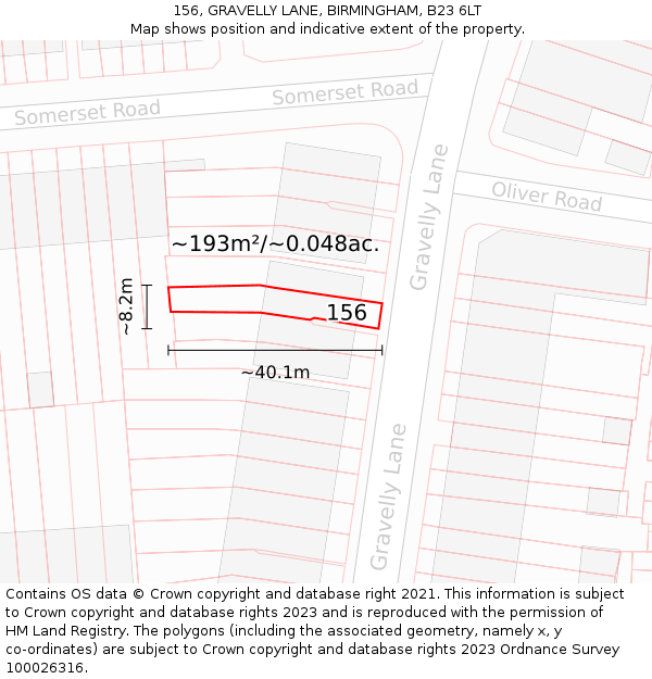 156, GRAVELLY LANE, BIRMINGHAM, B23 6LT: Plot and title map
