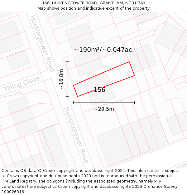 156, HUNTINGTOWER ROAD, GRANTHAM, NG31 7AX: Plot and title map
