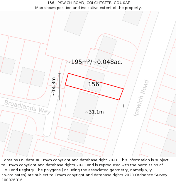 156, IPSWICH ROAD, COLCHESTER, CO4 0AF: Plot and title map