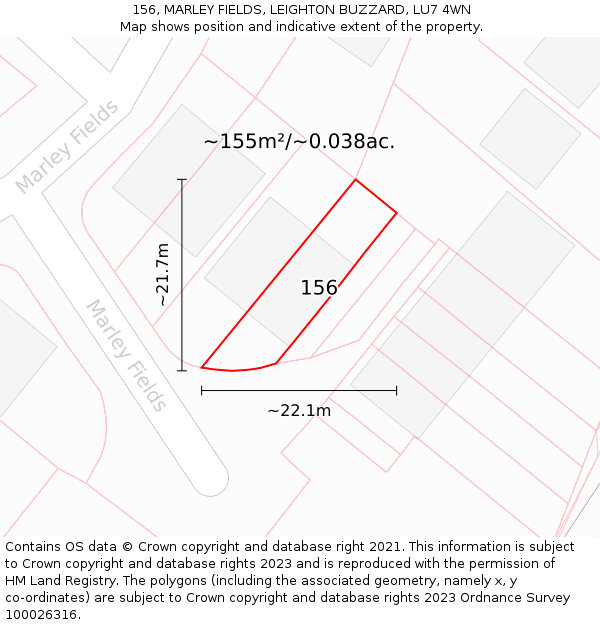 156, MARLEY FIELDS, LEIGHTON BUZZARD, LU7 4WN: Plot and title map