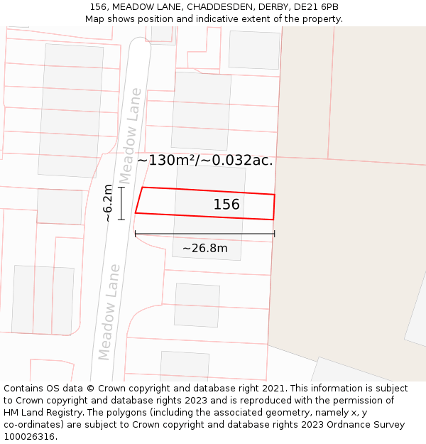 156, MEADOW LANE, CHADDESDEN, DERBY, DE21 6PB: Plot and title map