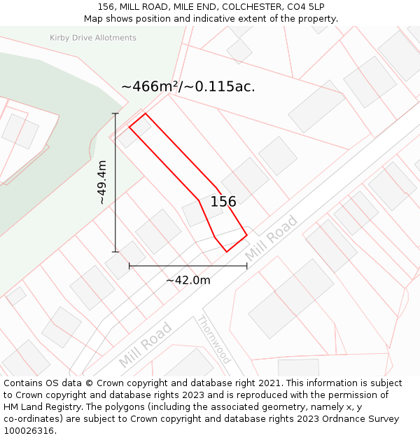 156, MILL ROAD, MILE END, COLCHESTER, CO4 5LP: Plot and title map