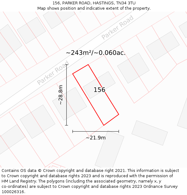 156, PARKER ROAD, HASTINGS, TN34 3TU: Plot and title map