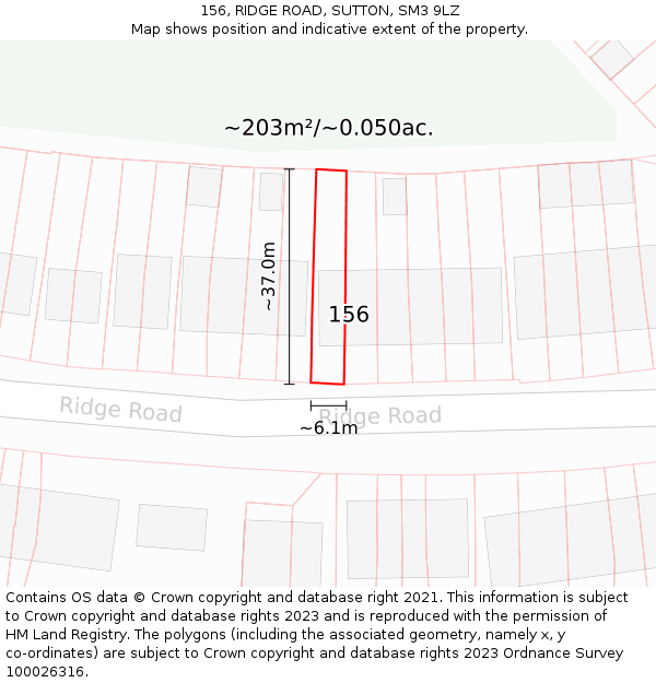 156, RIDGE ROAD, SUTTON, SM3 9LZ: Plot and title map
