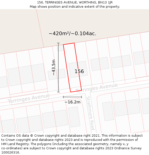 156, TERRINGES AVENUE, WORTHING, BN13 1JR: Plot and title map