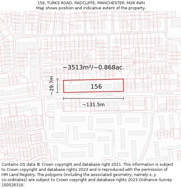156, TURKS ROAD, RADCLIFFE, MANCHESTER, M26 4WN: Plot and title map
