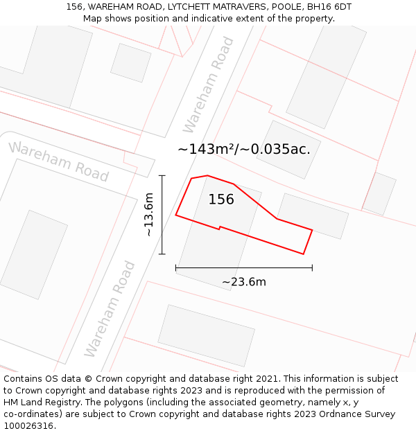 156, WAREHAM ROAD, LYTCHETT MATRAVERS, POOLE, BH16 6DT: Plot and title map