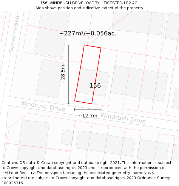 156, WINDRUSH DRIVE, OADBY, LEICESTER, LE2 4GL: Plot and title map