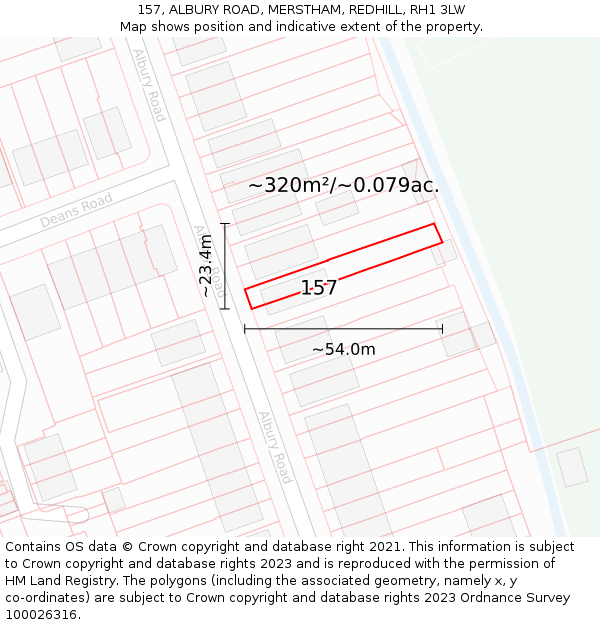 157, ALBURY ROAD, MERSTHAM, REDHILL, RH1 3LW: Plot and title map
