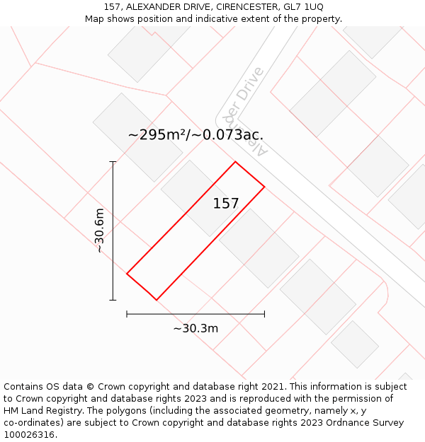 157, ALEXANDER DRIVE, CIRENCESTER, GL7 1UQ: Plot and title map