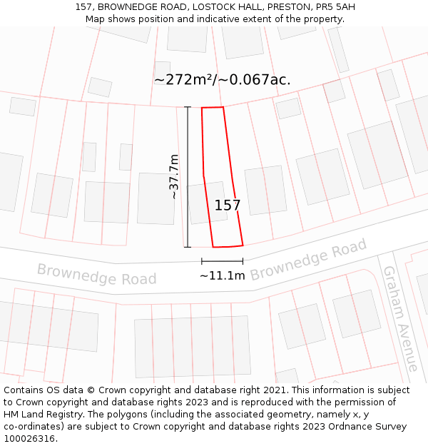 157, BROWNEDGE ROAD, LOSTOCK HALL, PRESTON, PR5 5AH: Plot and title map