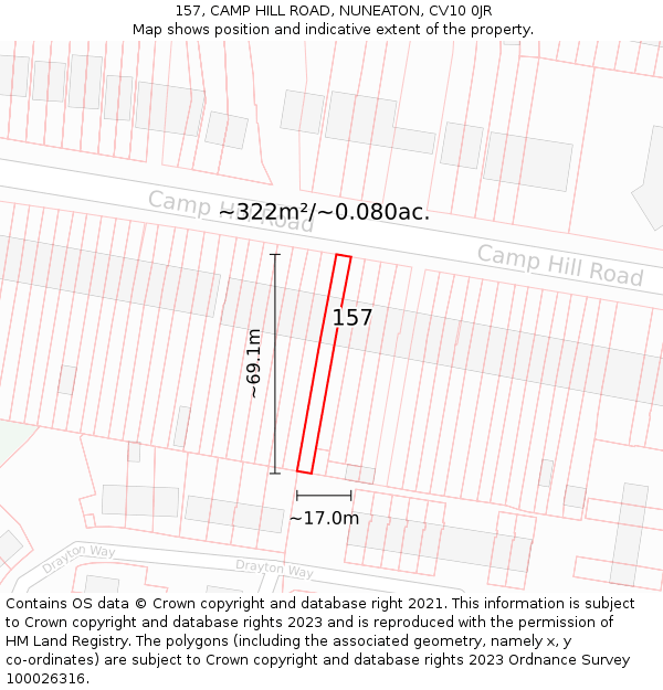 157, CAMP HILL ROAD, NUNEATON, CV10 0JR: Plot and title map