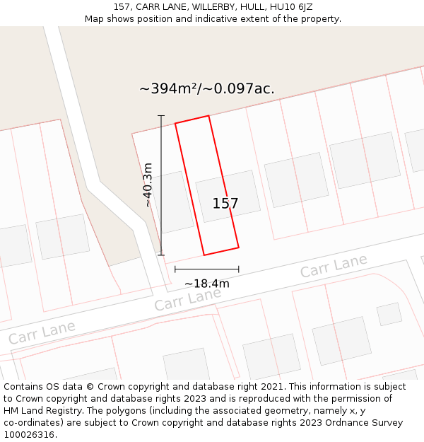 157, CARR LANE, WILLERBY, HULL, HU10 6JZ: Plot and title map
