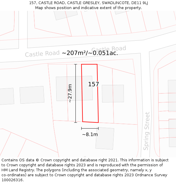 157, CASTLE ROAD, CASTLE GRESLEY, SWADLINCOTE, DE11 9LJ: Plot and title map