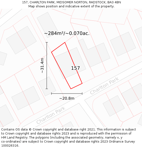 157, CHARLTON PARK, MIDSOMER NORTON, RADSTOCK, BA3 4BN: Plot and title map