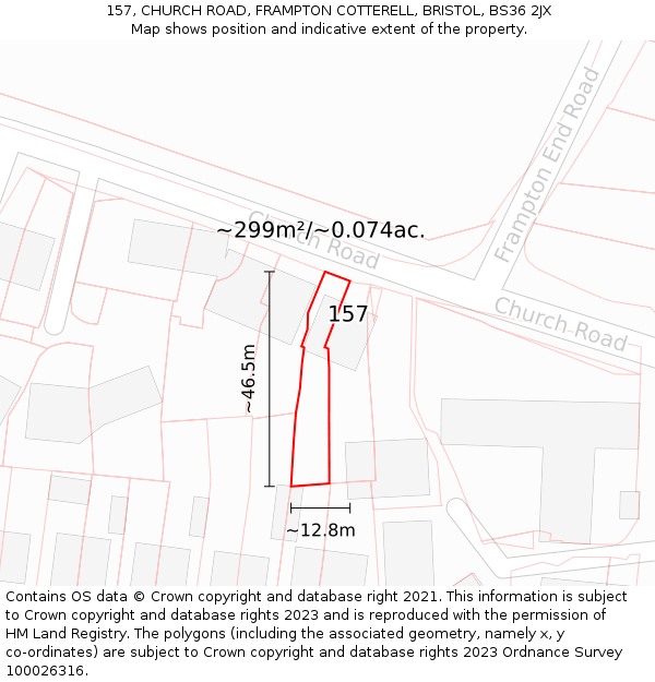 157, CHURCH ROAD, FRAMPTON COTTERELL, BRISTOL, BS36 2JX: Plot and title map
