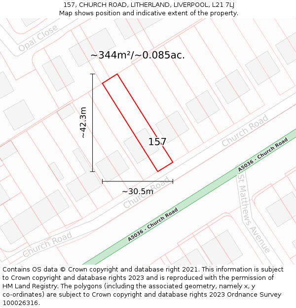 157, CHURCH ROAD, LITHERLAND, LIVERPOOL, L21 7LJ: Plot and title map