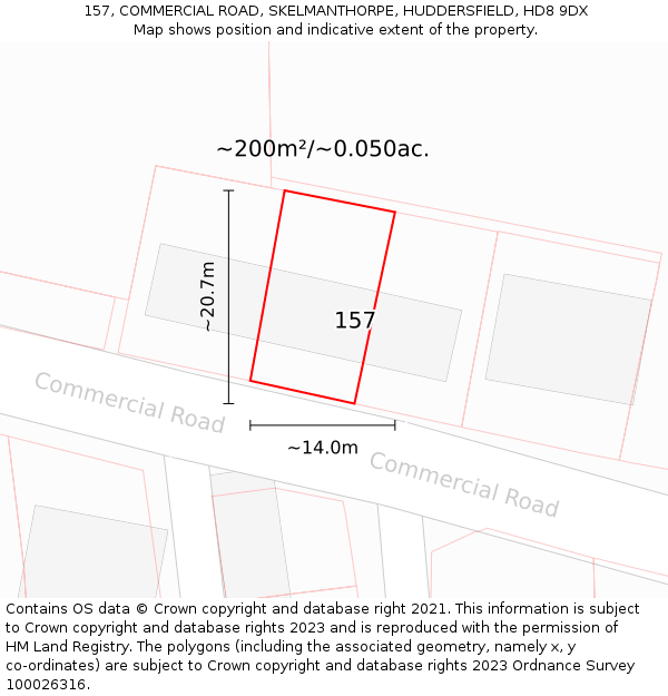 157, COMMERCIAL ROAD, SKELMANTHORPE, HUDDERSFIELD, HD8 9DX: Plot and title map