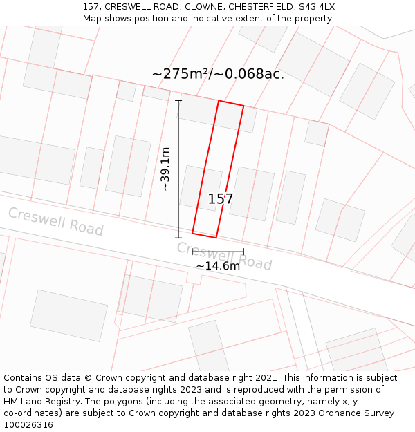 157, CRESWELL ROAD, CLOWNE, CHESTERFIELD, S43 4LX: Plot and title map