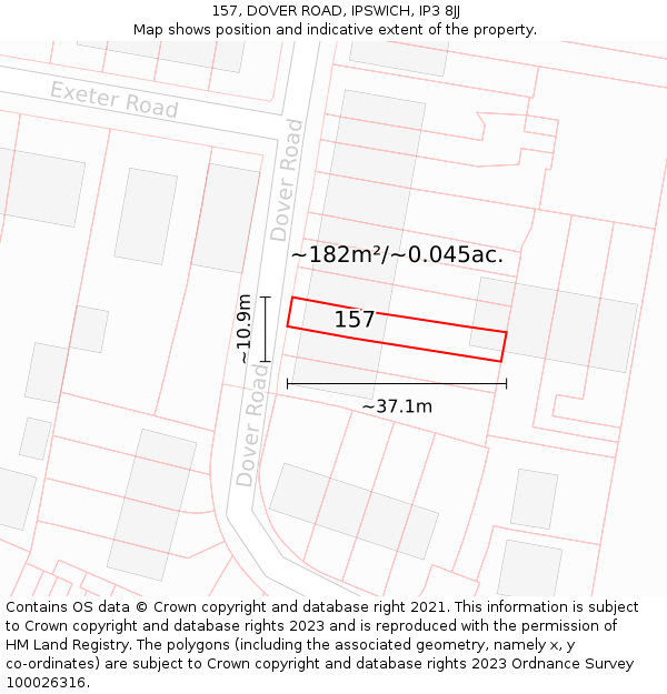 157, DOVER ROAD, IPSWICH, IP3 8JJ: Plot and title map