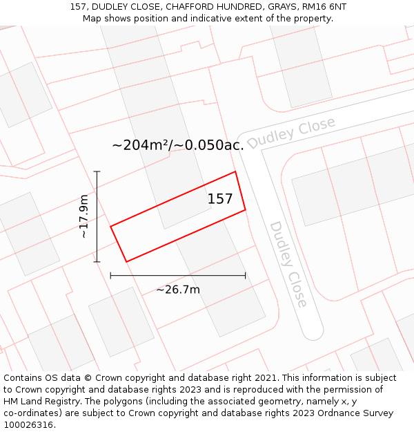 157, DUDLEY CLOSE, CHAFFORD HUNDRED, GRAYS, RM16 6NT: Plot and title map