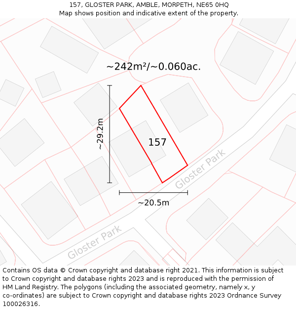 157, GLOSTER PARK, AMBLE, MORPETH, NE65 0HQ: Plot and title map