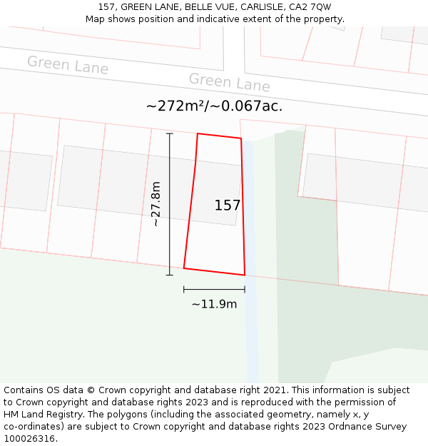 157, GREEN LANE, BELLE VUE, CARLISLE, CA2 7QW: Plot and title map