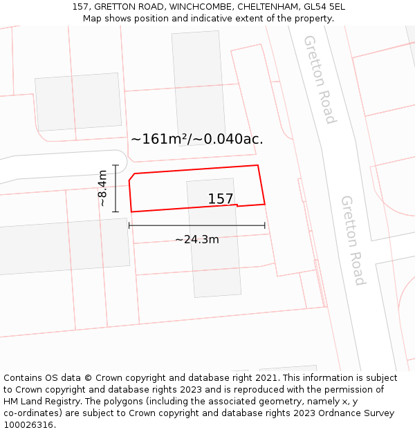 157, GRETTON ROAD, WINCHCOMBE, CHELTENHAM, GL54 5EL: Plot and title map