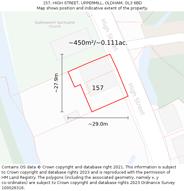 157, HIGH STREET, UPPERMILL, OLDHAM, OL3 6BD: Plot and title map