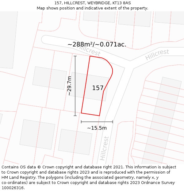 157, HILLCREST, WEYBRIDGE, KT13 8AS: Plot and title map