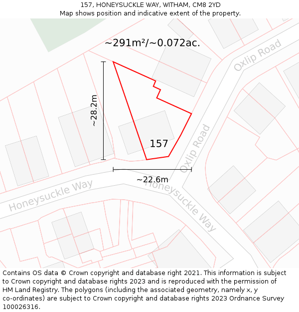 157, HONEYSUCKLE WAY, WITHAM, CM8 2YD: Plot and title map