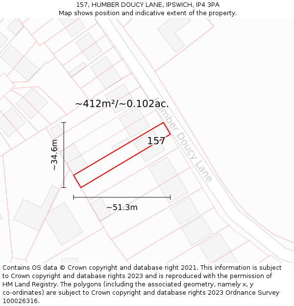 157, HUMBER DOUCY LANE, IPSWICH, IP4 3PA: Plot and title map