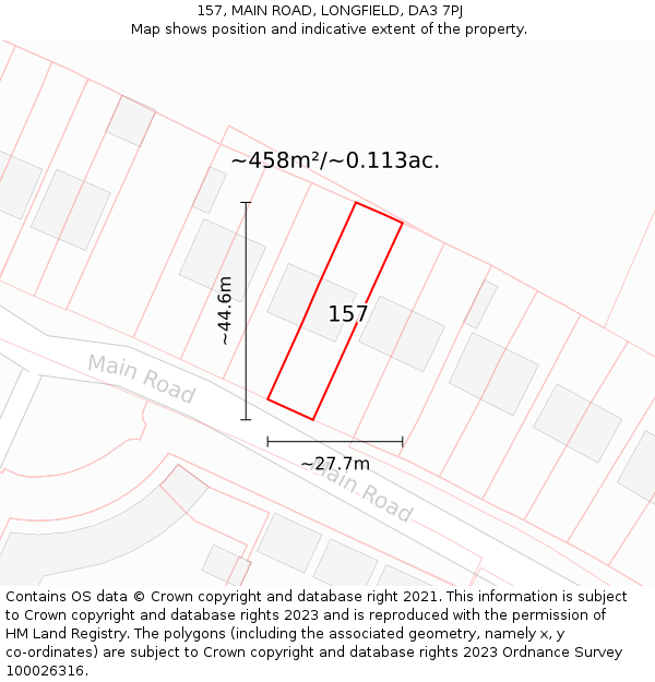 157, MAIN ROAD, LONGFIELD, DA3 7PJ: Plot and title map