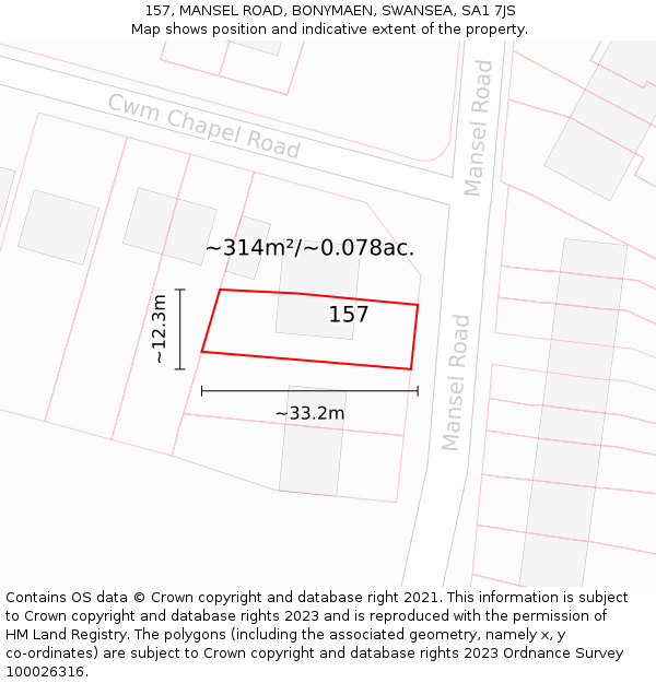 157, MANSEL ROAD, BONYMAEN, SWANSEA, SA1 7JS: Plot and title map