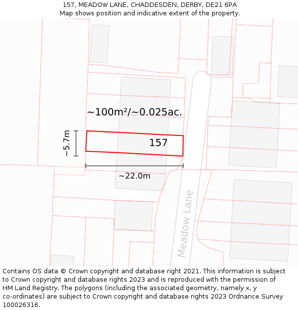 157, MEADOW LANE, CHADDESDEN, DERBY, DE21 6PA: Plot and title map