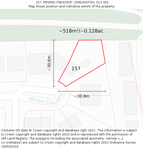157, MINORS CRESCENT, DARLINGTON, DL3 0DJ: Plot and title map