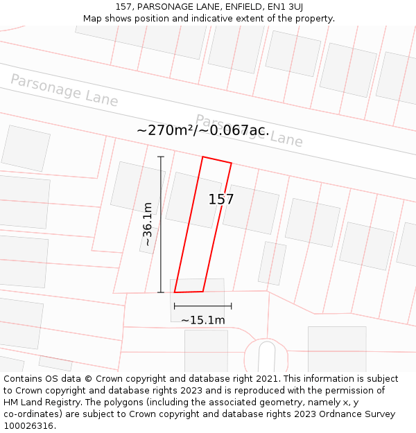 157, PARSONAGE LANE, ENFIELD, EN1 3UJ: Plot and title map
