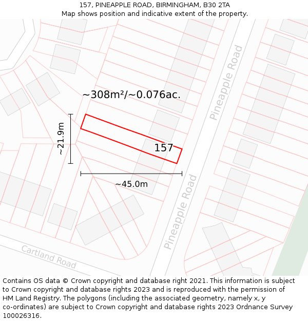 157, PINEAPPLE ROAD, BIRMINGHAM, B30 2TA: Plot and title map