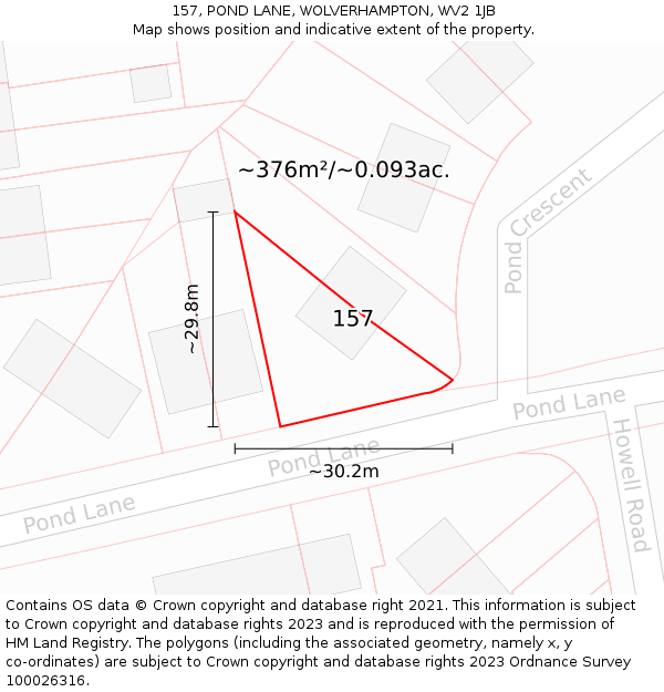 157, POND LANE, WOLVERHAMPTON, WV2 1JB: Plot and title map