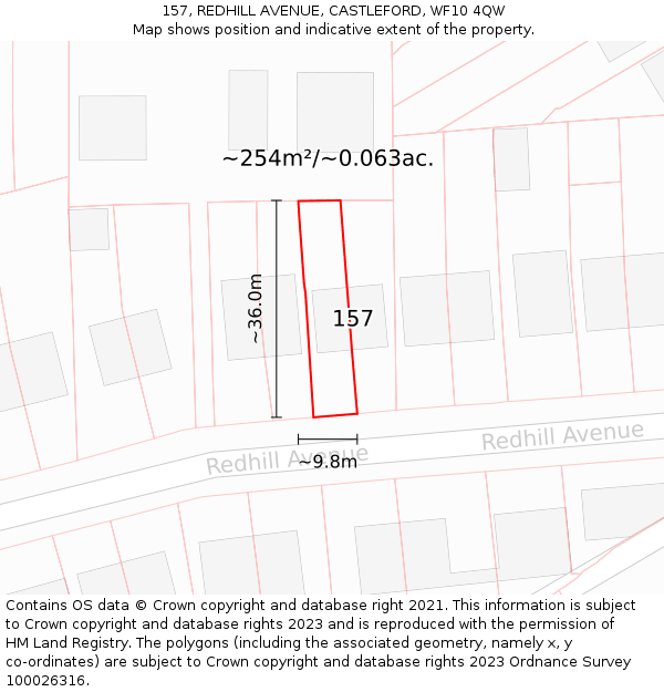157, REDHILL AVENUE, CASTLEFORD, WF10 4QW: Plot and title map