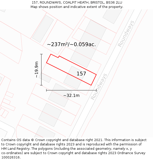 157, ROUNDWAYS, COALPIT HEATH, BRISTOL, BS36 2LU: Plot and title map
