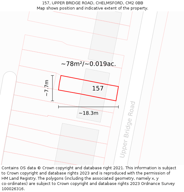 157, UPPER BRIDGE ROAD, CHELMSFORD, CM2 0BB: Plot and title map