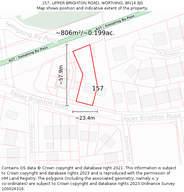 157, UPPER BRIGHTON ROAD, WORTHING, BN14 9JS: Plot and title map