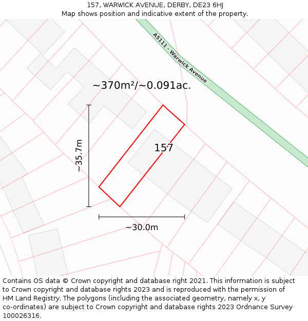 157, WARWICK AVENUE, DERBY, DE23 6HJ: Plot and title map